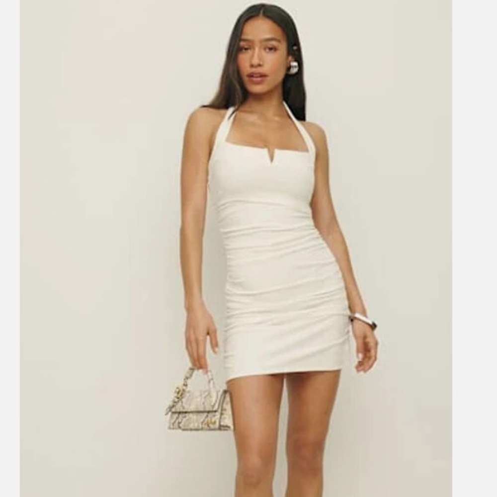 REFORMATION White Latte Halter Organic Cotton Knit Ruched Arwen